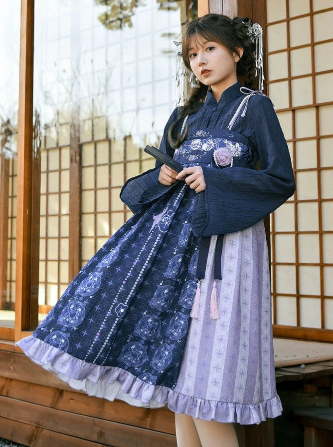 Chinese layered set-up [bell-sleeved shirt + shoulder ribbon skirt + tulle dress + bag] [Reserved item