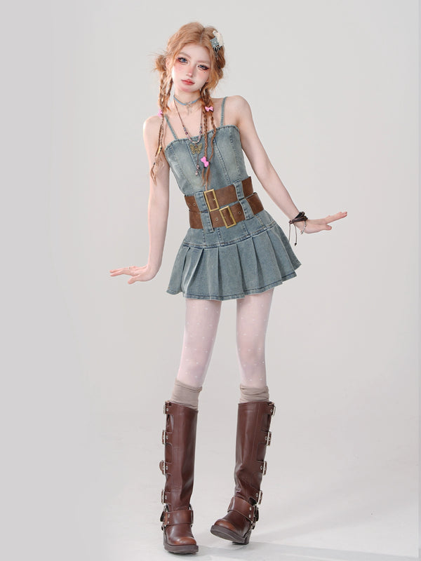 Retro Hot Girl Style Suspender Denim Pleated Dress [Reserved Item