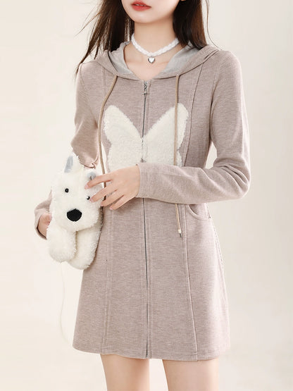 butterfly hooded zip knit dress