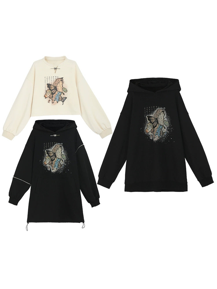 China Butterfly Cropped Sweatshirt + Zip Design Parka Dress + Black Hoodie [Reserved Item].