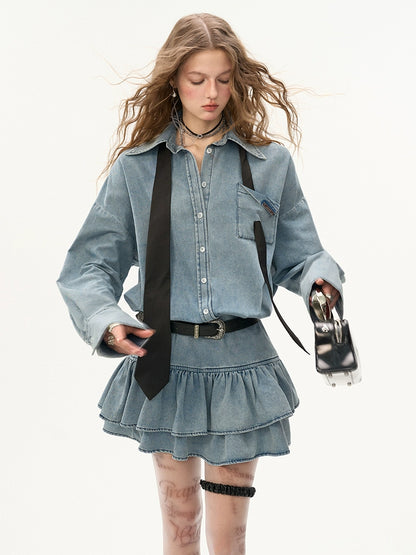 Retro Denim Ruffle Flared Shirt Dress