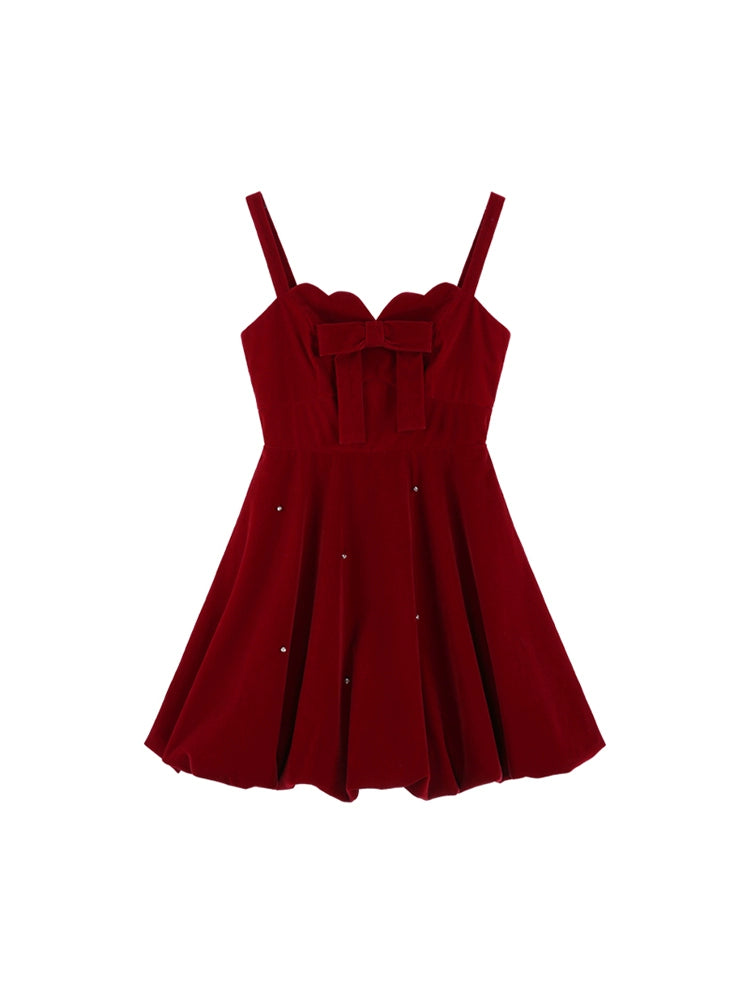 Ribbon Clip French Red Velvet Suspender Dress