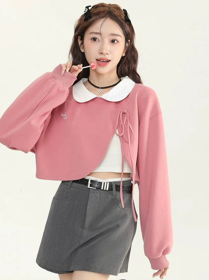 White Color Slit Ribbon Design Short Sweatshirt