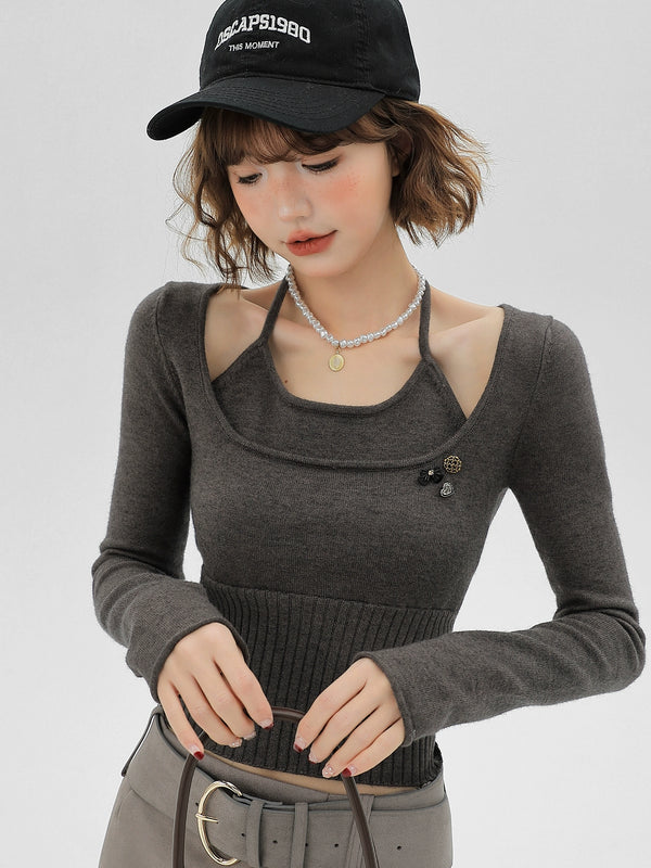 Halter Neck Ribbon Faux Two Piece Slim Knit Top