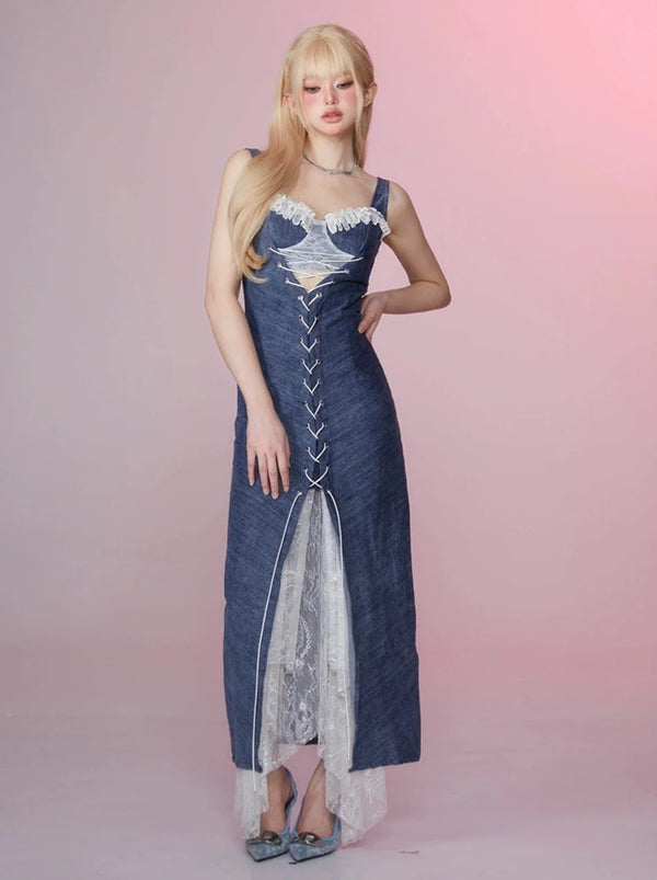 レーススプリットデニムスリムサスペンダードレス