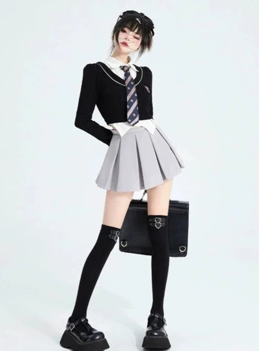 カレッジスタイルスーツスリムフィットショートシャツ+ショートニット+スカートセット