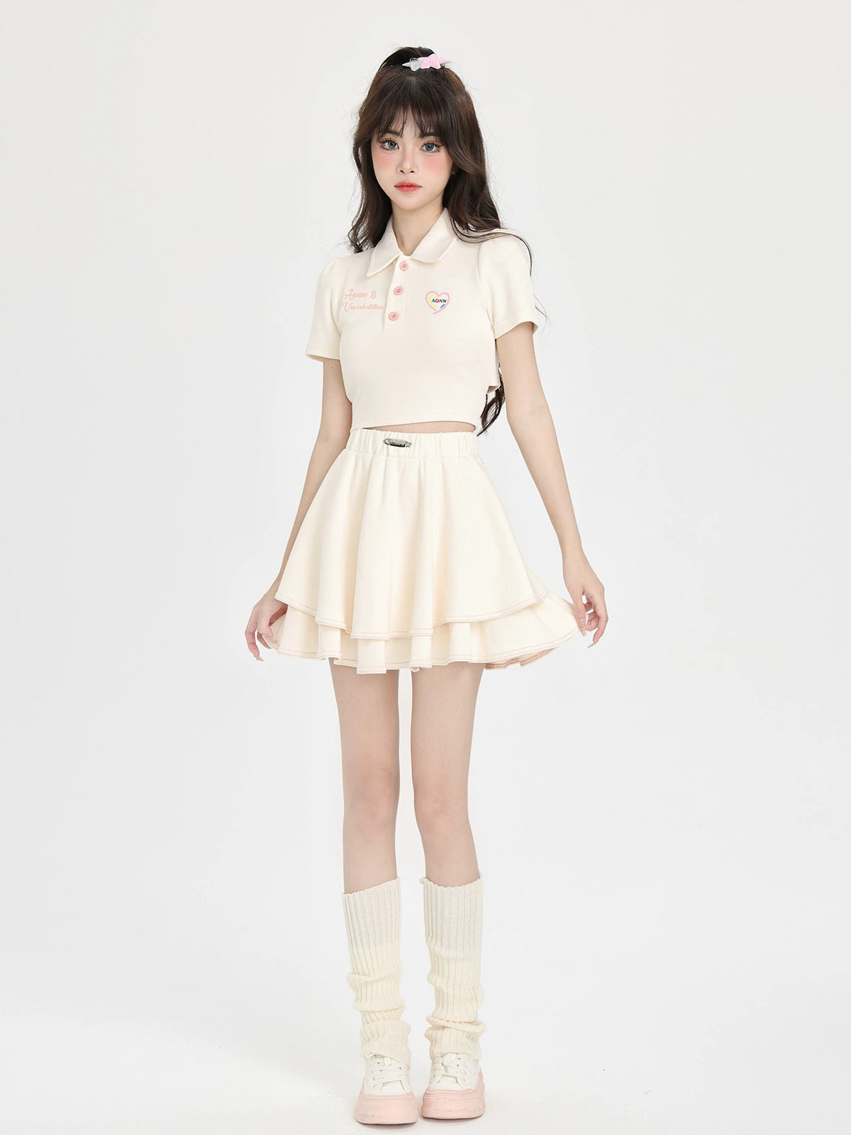 バックリボンショートポロカラーシャツ＋バレエスタイルスカート