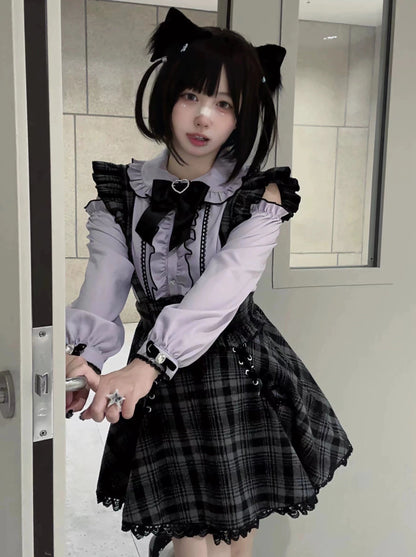 Landmine off -shoulder ribbon blouse + check suspender skirt