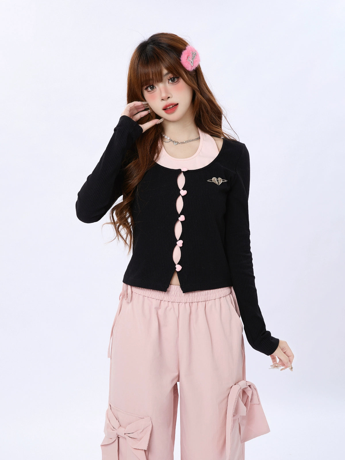 Love Button Faux Two Piece Cardigan