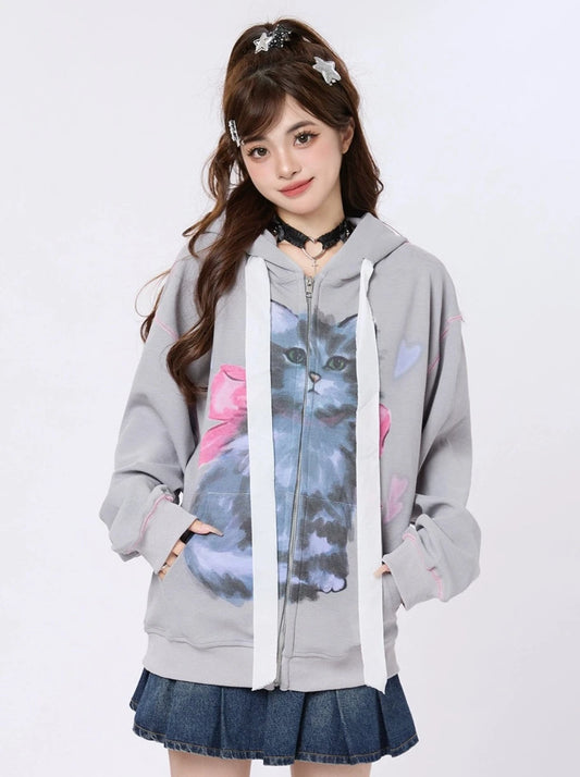 ENJOG vintage cat print hooded sweatshirt women's new niche design sense loose slouchy cardigan jacket
