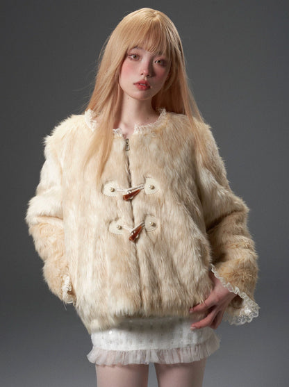 Gradient Beige Lace Stitching Horn Button High Collar Jacket