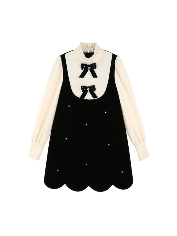 スタンドアップカラーフリルフレンチフェイクツーピースワンピース