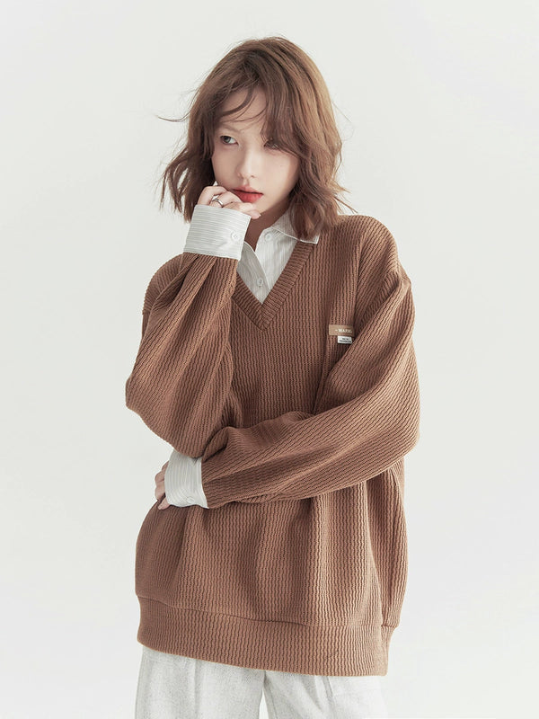 One Point Design Faux Two Piece Shirt Sweatshirt