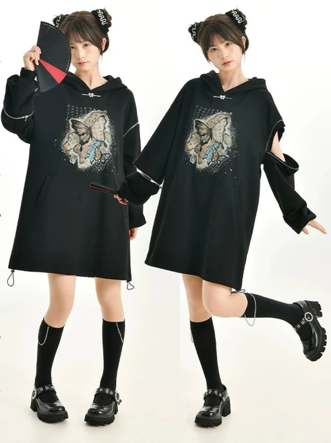 China Butterfly Cropped Sweatshirt + Zip Design Parka Dress + Black Hoodie [Reserved Item].