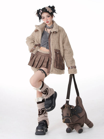 Brown Leather Belt Stand Collar Boa Jacket + Splicing Short Pleated Skirt