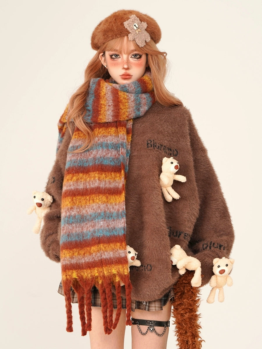 Colorful striped mohair scarf + snowball fur ribbon neck warmer tippet