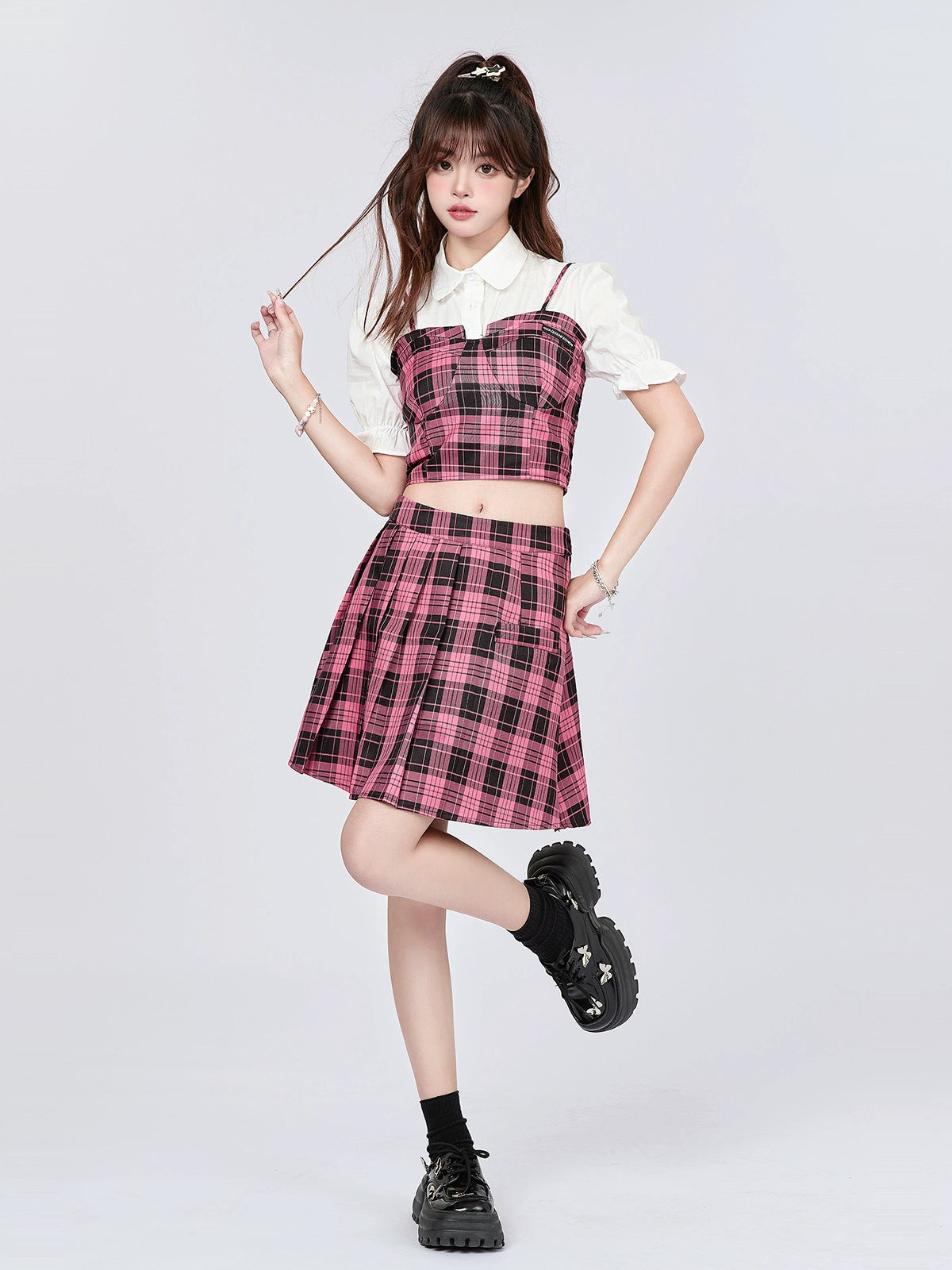 College Style Checked Suspender Top + Skirt