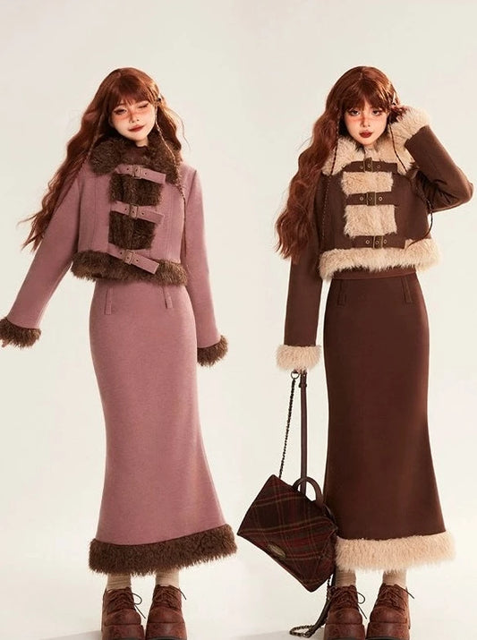 Splicing wool fur short jacket + long skirt