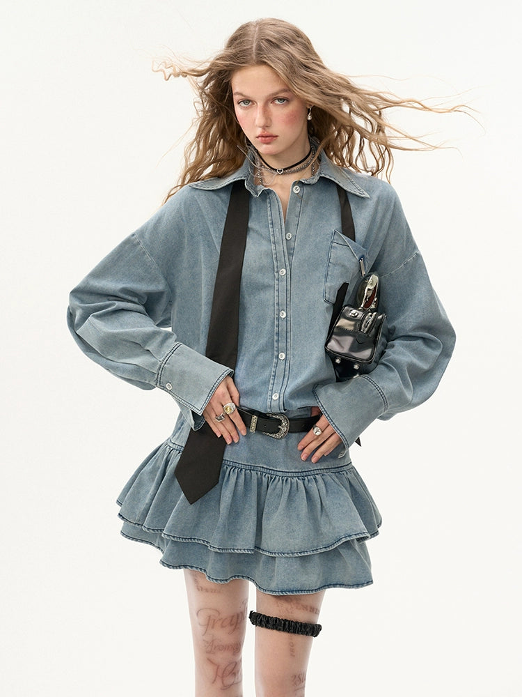 Retro Denim Ruffle Flared Shirt Dress