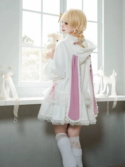 [Reservations] Frilled Long Bunny Ears Big Bow Hooded Girly Dress