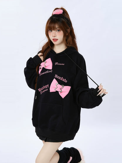 In loose oversized bag ribbon hooded top