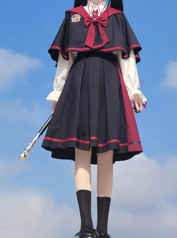Black magic cloak + shirt + pleated skirt