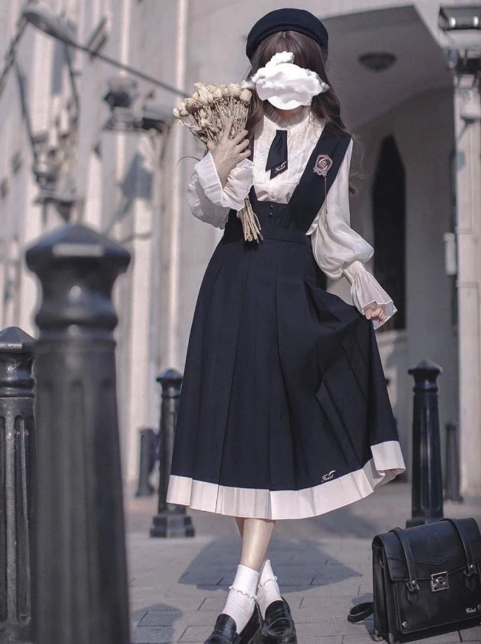 カレッジスタイルレトロエレガントフリルシフォンブラウス+シアン カレッジスタイルレトロエレガントフリルシフォンブラウス+シアン