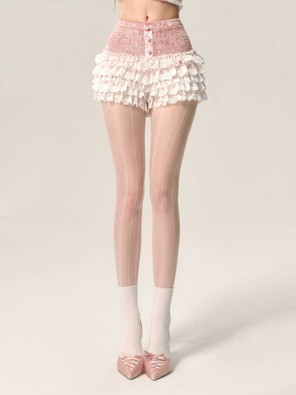 Pink White Part Lace A-Line Cake Skirt [Shorts Style