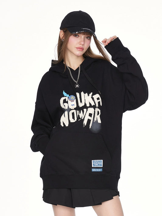 GUUKA & Zangke co-branded black hooded sweatshirt women's new cotton couple hip hop dropped-shoulder hoodie loose in autumn