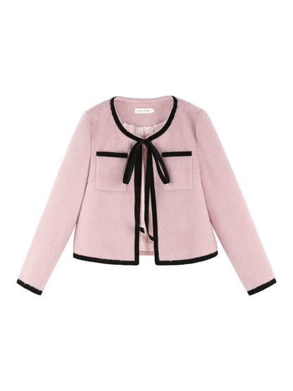 French sweet ribbon pink short coat