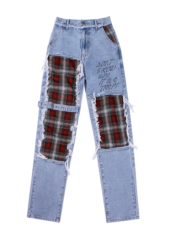 Rock Red Check Damaged Denim Pants