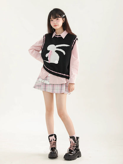 College Style Check Leather Buckle Design A-Line Skirt