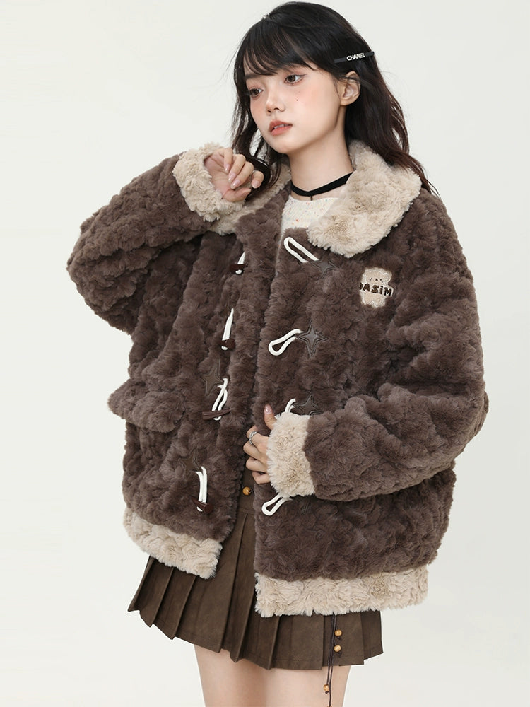 Horn Button Fluffy Fur Boa Coat