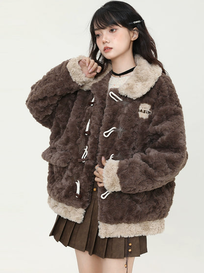 Horn Button Fluffy Fur Boa Coat