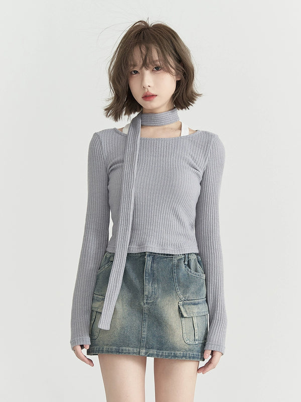 ローラウンドネックニット＋スカーフ