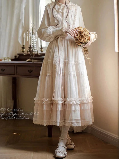 Sweet Elegant Light Lolita Frilled Shirt + Dotted Lace Sundress + Top Ribbon + Waist Ribbon [Reserved Item].