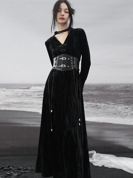 レトロチャイナスタンドVカラーベルベットスプライシングメッシュロマンチックブラックドレス
