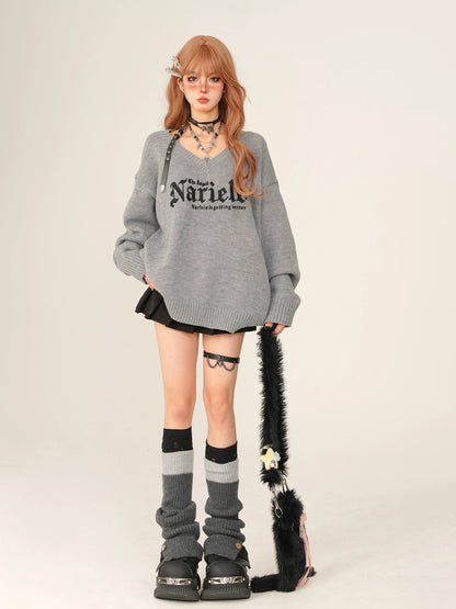 Lazy Style Letter V-Neck Loose Knit [Reserved Item