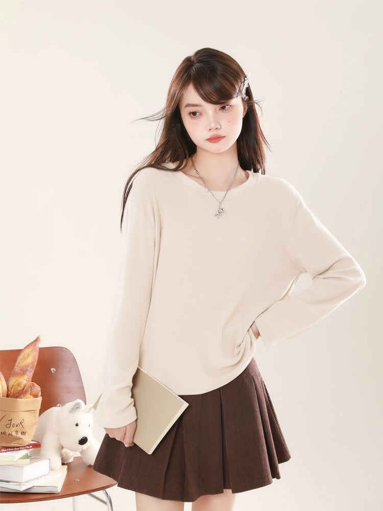 Loose Slim Colour Solid Round Neck Pullover Long T