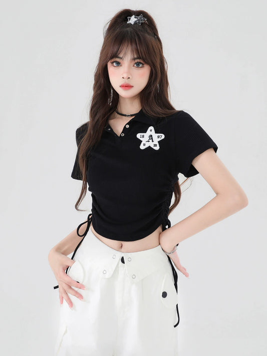 Lace-up Button Waist Top