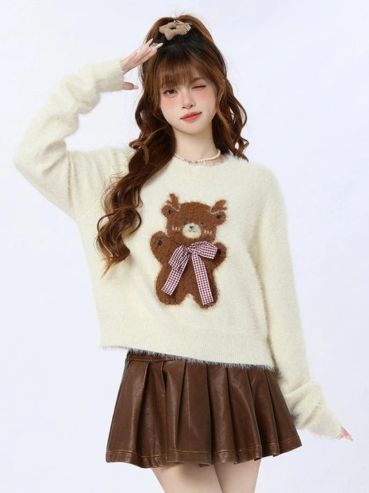 ENJOG soft glutinous bear sweet cool sweater women's autumn and winter new retro niche design sense cropped knit top