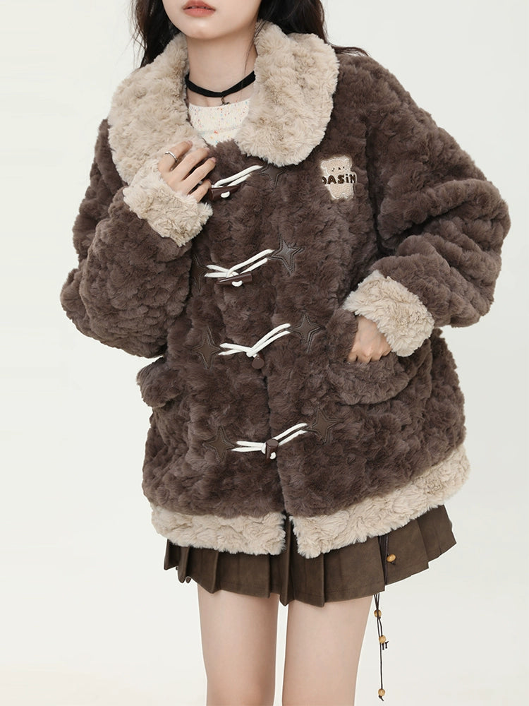 Horn Button Fluffy Fur Boa Coat