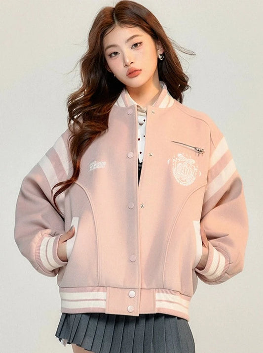 KH original pink baseball jersey jacket women's thickened warm and loose new model looks thinner and younger