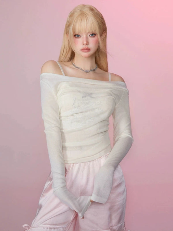 エンジェルプリントシアーオフショルダーロンT