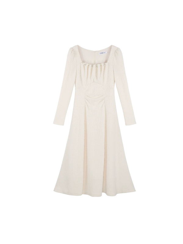 Pure White Square Neck Knit Flared Long Dress