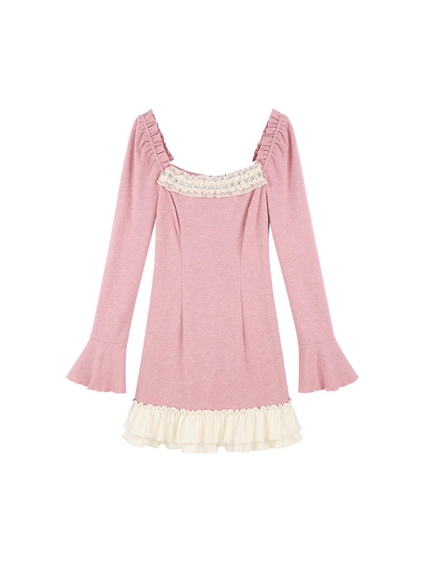 スイートピンクフリルオープンネックワンピース