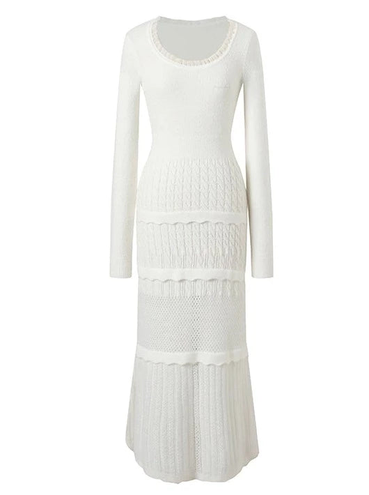 スプライシングラウンドネックケーブルタイスリムニットワンピース【予約商品】