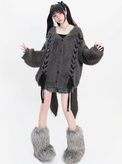 Rabbit Hooded Shaggy Lace-up Knit Cardigan