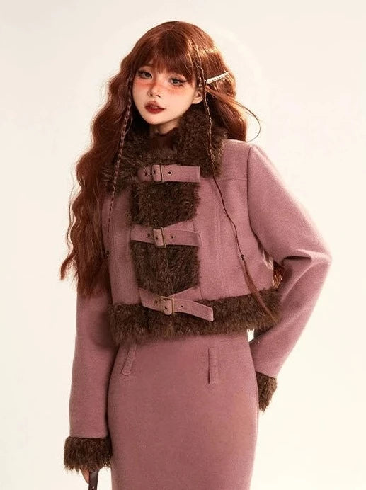Splicing wool fur short jacket + long skirt