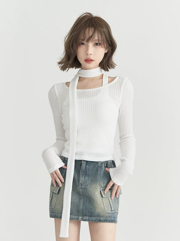 ローラウンドネックニット＋スカーフ